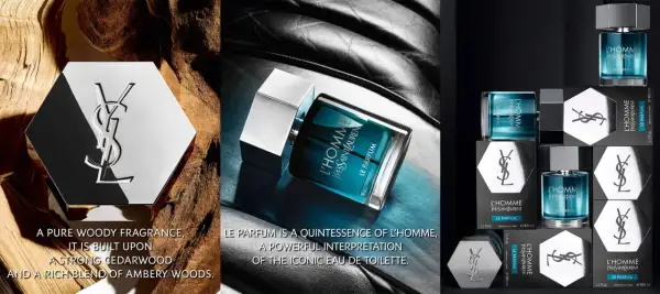L'Homme Le Parfum: elegancki flakon perfum Yves Saint Laurent, otoczony drewnem i skórą, symbolizujący siłę i wyrafinowanie.