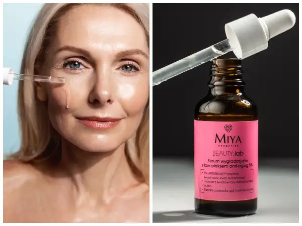 Kobieta aplikuje serum Miya Beauty.lab, które zawiera peptydy i kwas hialuronowy, odpowiadając na pytanie: jakie kwasy na zmarszczki.
