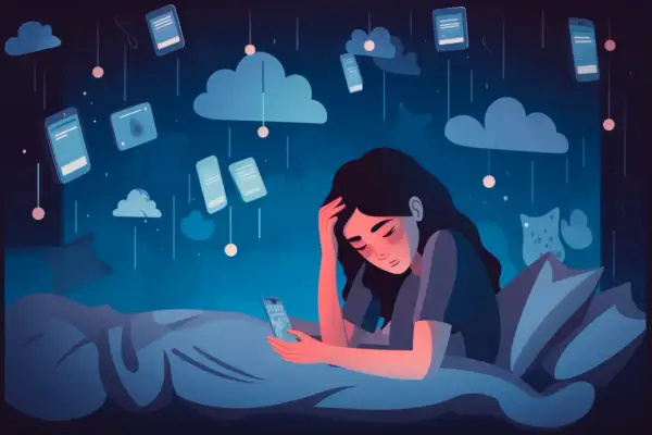 Eine Frau liegt im Bett, umgeben von schwebenden Smartphones. Sie fühlt sich überfordert, ein Zeichen für die FOMO-Bedeutung in der digitalen Welt.