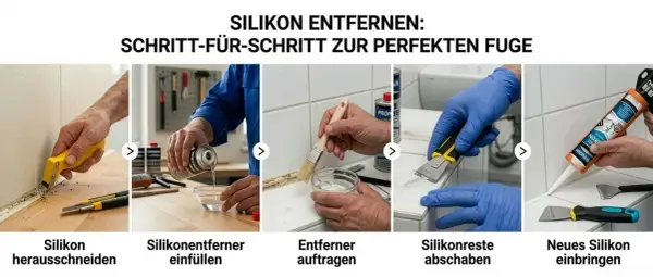 Schritt-für-Schritt-Anleitung: Silikon von Fliesen entfernen, Silikonentferner auftragen, Reste abschaben und neues Silikon einbringen für eine perfekte Fuge.