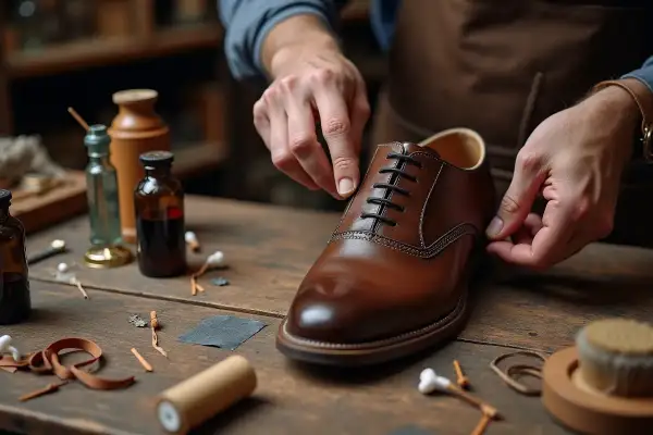 Artisan travaillant sur une chaussure en cuir marron, prêt à teindre le cuir. Des flacons et outils sont disposés sur la table.