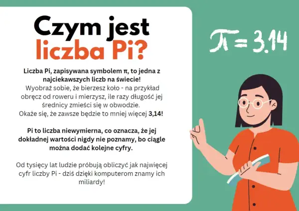 Ilustracja przedstawia kobietę z okularami wskazującą na symbol Pi i jego przybliżoną wartość 3.14.