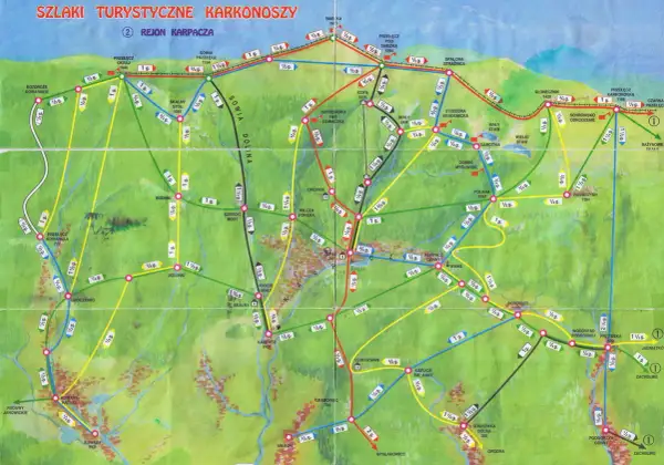 Karpacz jakie to góry? Mapa szlaków turystycznych Karkonoszy pokazuje malownicze trasy wokół Karpacza, prowadzące przez szczyty, doliny i schroniska.