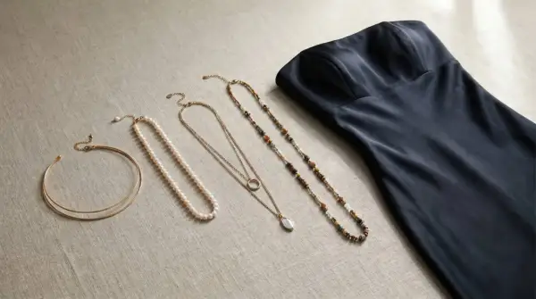 Granatowa sukienka i kilka naszyjników tworzą eleganckie komplety wieczorowe.