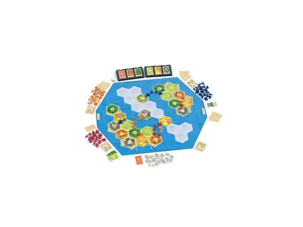 Plansza do gry Catan: Świt ludzkości z heksagonalnymi polami, zasobami i kartami.