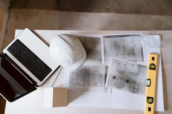 Na biurku leży laptop, biały kask, plany architektoniczne i poziomica. To kompletny zestaw do pracy nad projektem technicznym i prawem budowlanym.