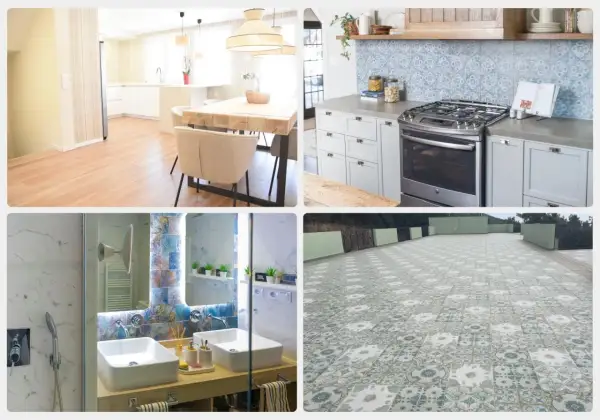 Varios tipos de suelo interior: madera clara en cocina/comedor, baldosas decorativas en baño y exterior.