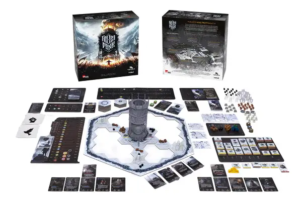 Zestaw do gry planszowej Frostpunk: Miasto musi przetrwać. Widać planszę, wieżę, karty, znaczniki i pudełka.
