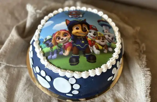 En hemmagjord Paw Patrol tårta med alla valparna på, redo för ett äventyr! Perfekt för ett litet fan.