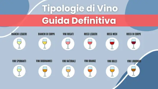 Guida definitiva alle tipologie di vino: bianchi leggeri, corposi, rosati, rossi leggeri, medi, corposi, spumanti, biodinamici, naturali, orange, dolci e liquorosi.