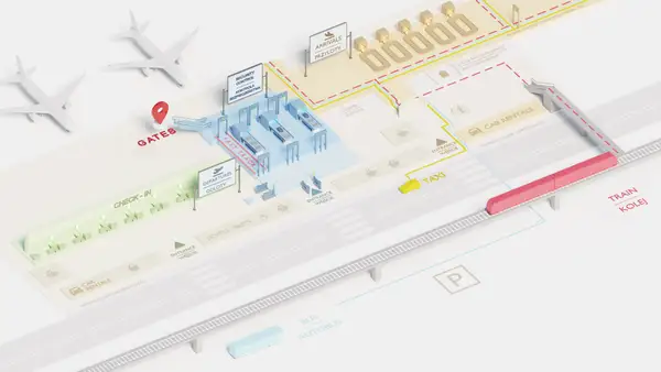 Schemat lotniska w Gdańsku: check-in, kontrola bezpieczeństwa, bramki, przyloty, parking, taxi, kolej i autobus.