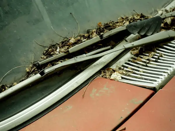 Zarośnięty liśćmi mechanizm wycieraczek Astra G, zardzewiałe ramiona i zniszczona maska sugerują długie zapomnienie.
