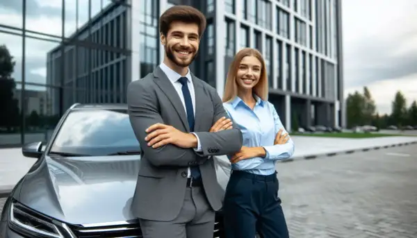 Uomo e donna sorridono accanto a un'auto, con un edificio moderno sullo sfondo. Potrebbero essere in procinto di consultare una tabella rimborso chilometrico.