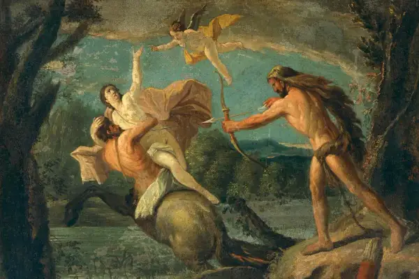 Hercule, fils de Zeus, tire une flèche sur un centaure qui enlève une femme. Un putto ailé observe la scène.