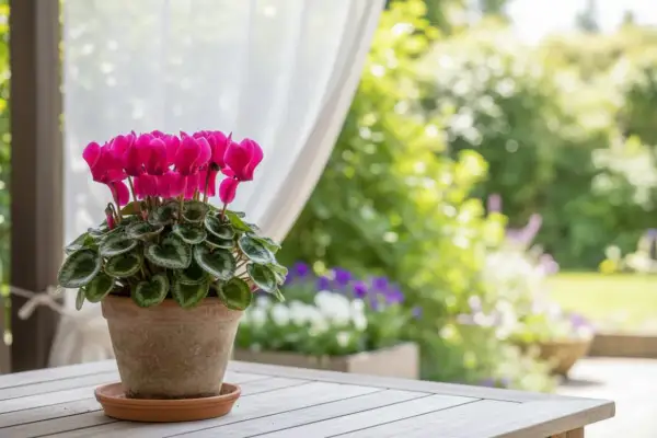 Un vaso di ciclamino rosa fiorito su un tavolo di legno, con un giardino rigoglioso sullo sfondo. La cura del ciclamino è fondamentale per la sua fioritura.