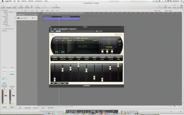 Ustawienia pogłosu tal reverb 4 w Logic Pro X. Wtyczka LexPlate symuluje pogłos dużej płyty.