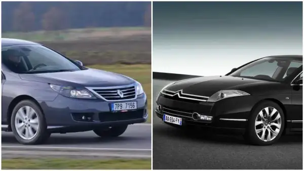 Szary Renault Latitude i czarny Citroen C6 na tle krajobrazu i gradientu.