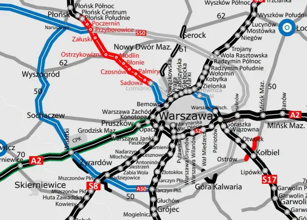Mapa pokazuje przebieg autostrady A50, zaznaczonej na czerwono, od Poczernina przez Nowy Dwór Mazowiecki do Kołbieli.