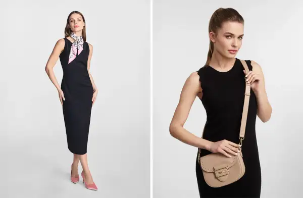 Elegancka czarna sukienka z beżowymi butami i torebką. Idealny zestaw na wieczorne wyjście.