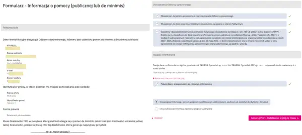 Formularz informacji o pomocy de minimis, dane identyfikacyjne odbiorcy, oświadczenia i klauzula informacyjna.