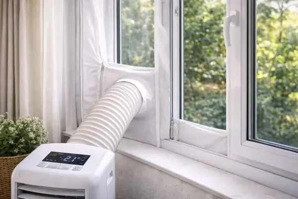 Kit pour comment calfeutrer une fenêtre et installer une climatisation mobile. Un tuyau blanc sort d'un tissu zippé sur la fenêtre.