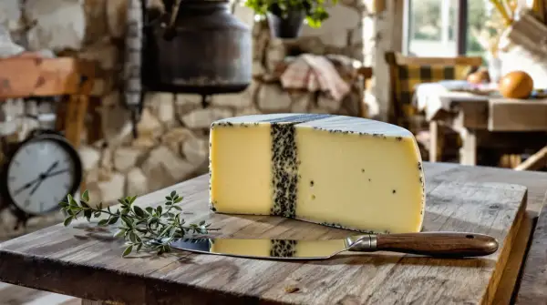 Un morceau de morbier fromage, avec sa raie de cendre caractéristique, est prêt à être dégusté sur une planche en bois, accompagné d'une branche de thym et d'un couteau.