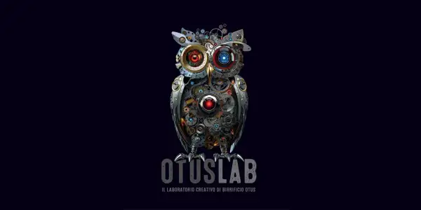 Gufo meccanico con ingranaggi e luci LED, logo di OtusLab, il laboratorio creativo del birrificio Otus.
