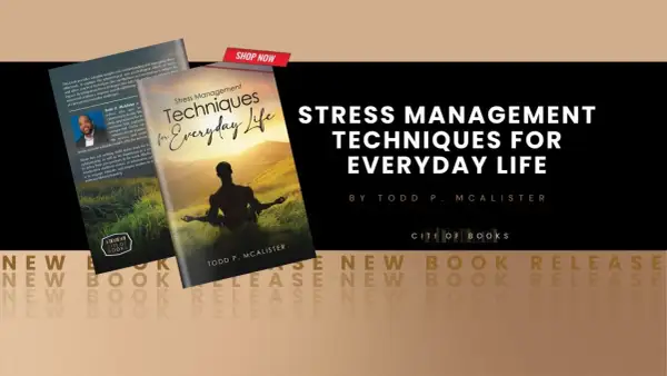 Książki o stresie: "Stress Management Techniques for Everyday Life" Todda P. McAlistera, z sylwetką medytującą na okładce.