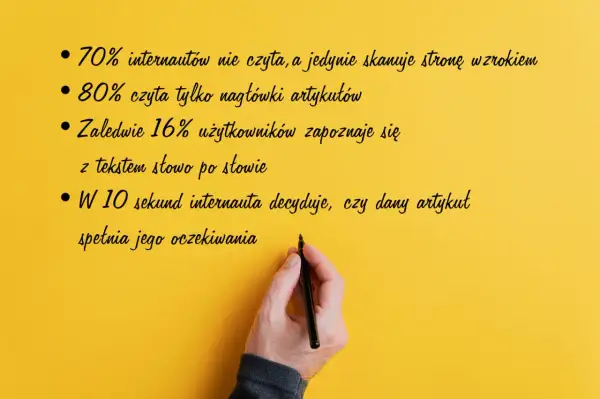 Jak pisać teksty, by przyciągnąć uwagę? 70% internautów skanuje, 80% czyta nagłówki. Tylko 16% czyta słowo po słowie. Decyzja zapada w 10 sekund.