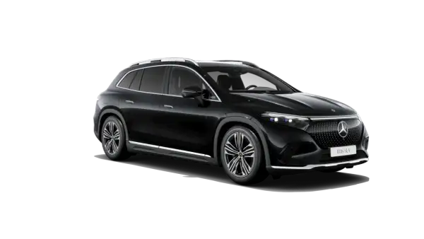Elegancki, czarny Mercedes EQS SUV z chromowanymi detalami i nowoczesnymi światłami.