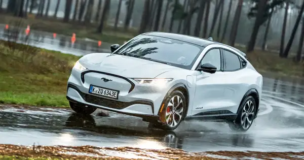 Biały Mustang Mach-E pokonuje kałuże na mokrej drodze, otoczony lasem.