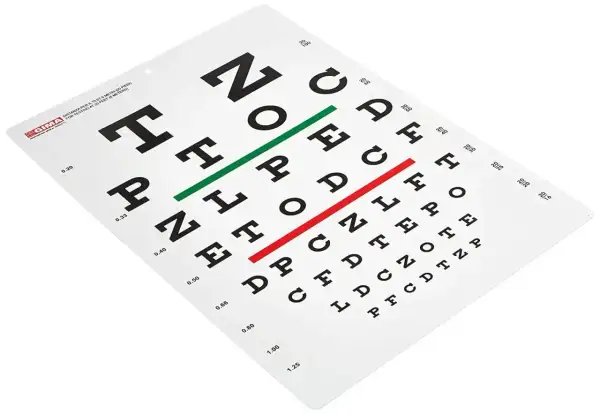 Tablica Snellena z literami, używana do badania wzroku u okulisty.