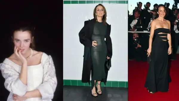 Philippine Leroy-Beaulieu en tres looks: juvenil con perlas, elegante con vestido verde y abrigo, y glamurosa con vestido negro en alfombra roja.