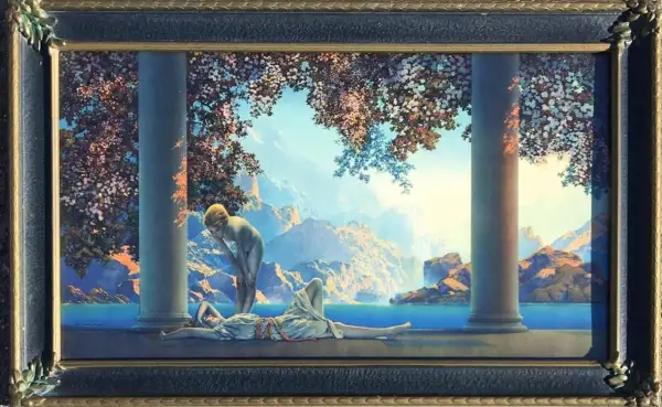 A painting of two figures in a classical setting, bathed in the soft light of daybreak. Mountains and water form a serene backdrop.