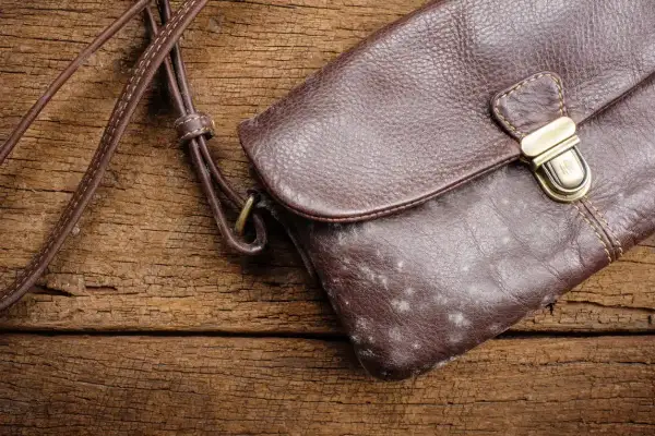 Sac à main en cuir brun taché de moisissure. Le cuir moisi présente un danger pour la santé et la conservation des objets.