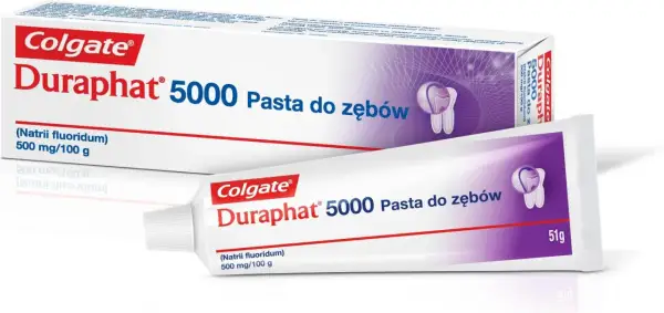 Colgate Duraphat 5000, pasta do zębów z 500 mg fluorku sodu na 100 g. Sprawdź, która pasta ma najwięcej fluoru dla Twoich zębów.