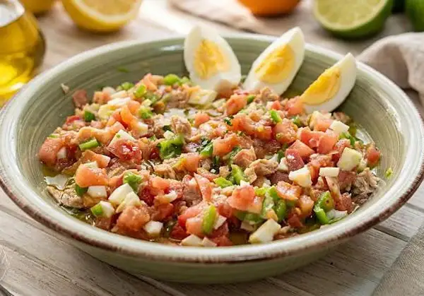 Un refrescante plato de pipirrana andaluza, con tomate, pimiento, huevo duro y atún, listo para disfrutar.