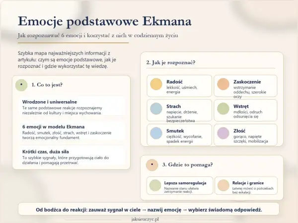Mapa emocji Ekmana: radość, smutek, złość, strach, wstręt, zaskoczenie. Poznaj ich siłę i jak je rozpoznać, by lepiej zarządzać reakcjami.
