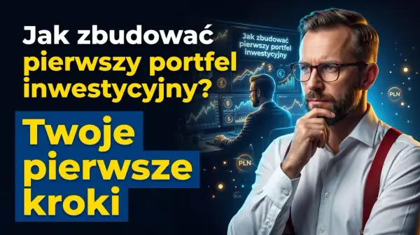 Mężczyzna w okularach zastanawia się nad budową swojego pierwszego portfela inwestycyjnego. Na ekranach w tle wykresy i symbole walut.