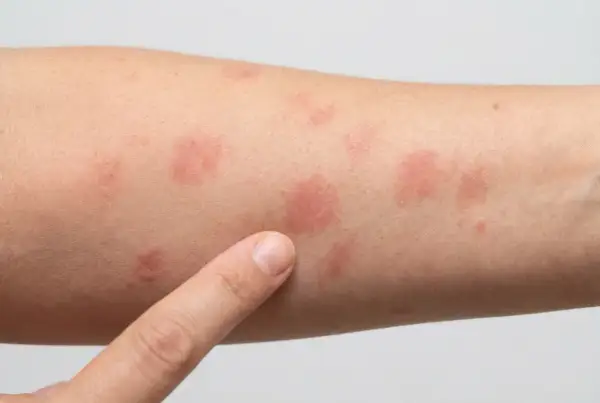 Ein Finger zeigt auf einen Arm mit mehreren kreisrunden roten Flecken auf der Haut. Mögliche Anzeichen für Hautkrebs oder andere Hautirritationen.