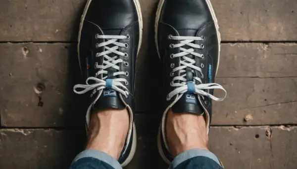 Ciemne, sznurowane buty na drewnianej podłodze. Wyglądają na **za ciasne buty**, co pewnie powoduje **ból palców**.