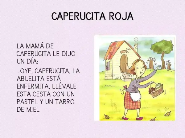 Ilustración de Caperucita Roja. Su mamá le pide que lleve pastel y miel a su abuelita enferma.