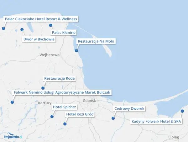 Mapa pokazuje atrakcje turystyczne i miejscowości blisko Trójmiasta, takie jak Pałac Ciekocinko, Dwór w Bychowie i Folwark Neminino.
