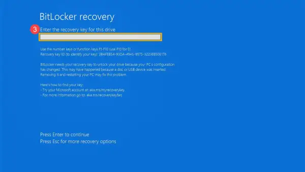 Ekran odzyskiwania BitLocker. Wpisz swój klucz odzyskiwania BitLocker, aby odblokować dysk.