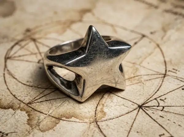 Srebrny pierścionek w kształcie gwiazdy, przypominający gwiazdę Dawida lub pentagram, leży na starej, tajemniczej mapie.