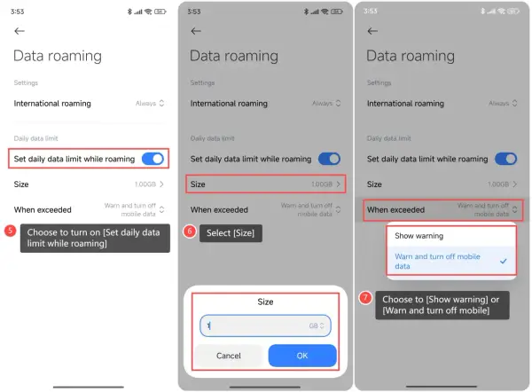 Jak włączyć roaming: włącz limit danych, wybierz rozmiar (np. 1 GB) i zdecyduj, czy chcesz ostrzeżenie, czy wyłączenie danych po przekroczeniu limitu.