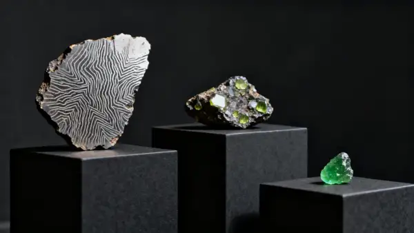 Fragmento de roca con patrón de líneas blancas sobre fondo negro, junto a cristales verdes. Explorando el cristal de roca propiedades.