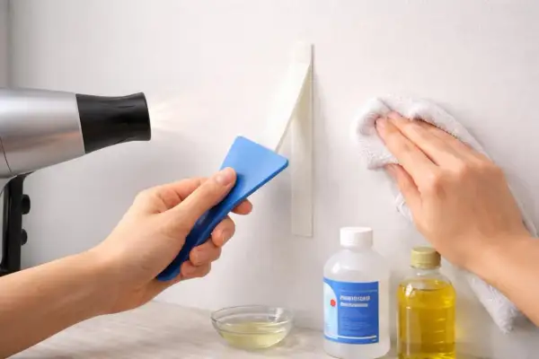 Comment enlever des traces de scotch : un sèche-cheveux chauffe un adhésif, une spatule bleue le décolle, et un chiffon blanc nettoie le mur.