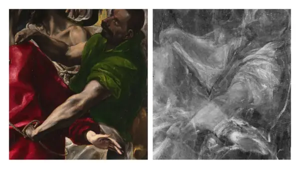 Detalle de una pintura del Greco, mostrando figuras dramáticas y ropajes vibrantes junto a una imagen de rayos X que revela la estructura subyacente.