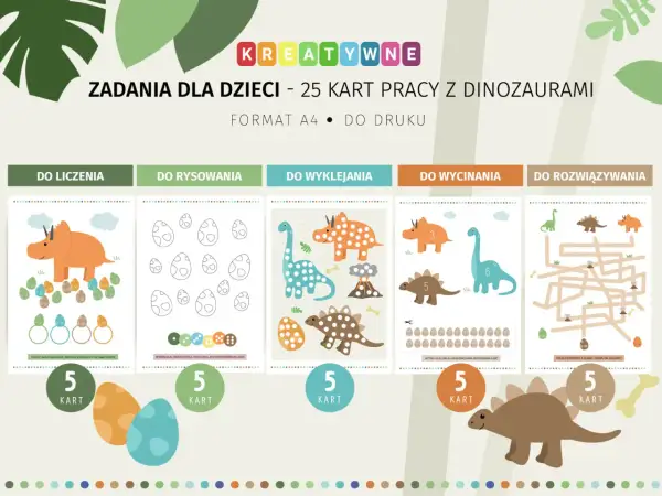 Karty pracy z dinozaurami: liczenie, rysowanie, wyklejanie, wycinanie i rozwiązywanie labiryntów. Idealne na dzień dinozaura!